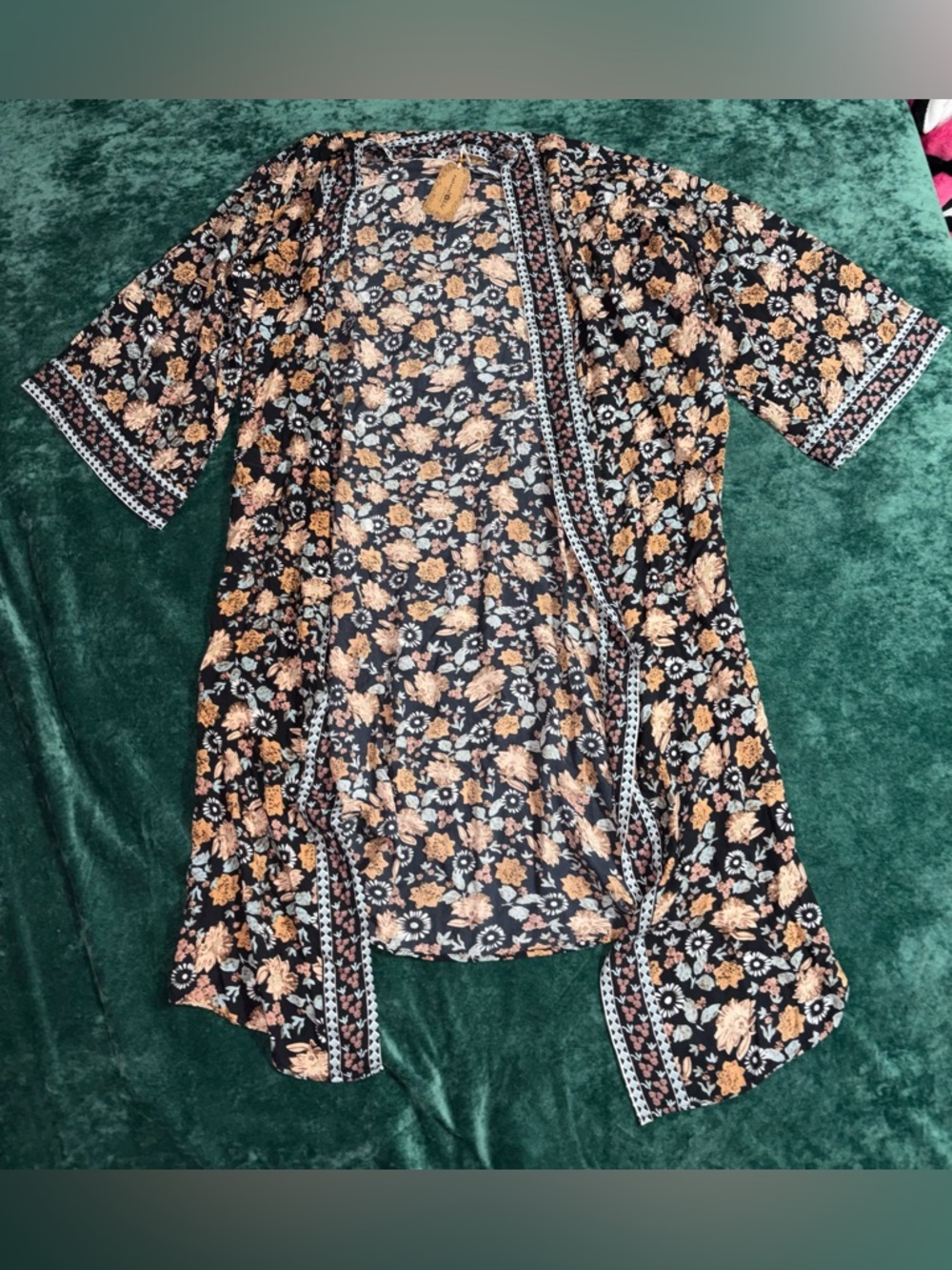 NATURAL LIFE Black Floral robe with Peach and Cream flowers
